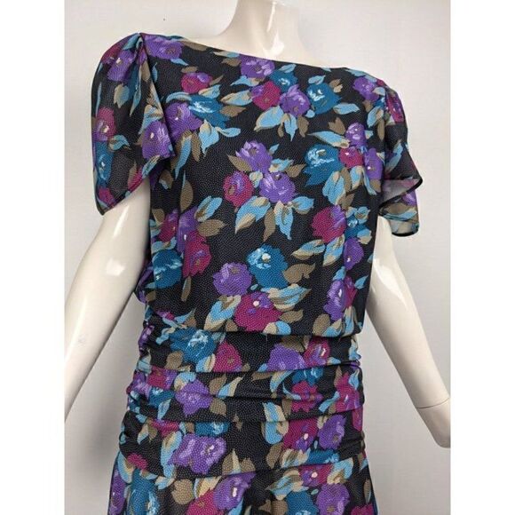 80s party dress floral print, drop waist short sleeve size 9 - Picture 4 of 9